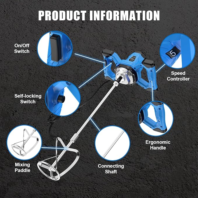 AZZUNO Cement Mixer Electric Concrete Mixer Machine 110V Handheld Mud Mixer with 6 Adjustable Speed for Mixing Concrete, Cement, Mud, Mortar, Putty, Paint (Dark Blue)