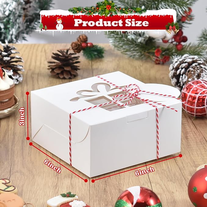 COTOPHER 18Pcs Christmas Cookie Boxes with Window, 6x6x3 inch White Bakery Boxes for Gift Giving, XMAS Treat Boxes Holiday Pastries Boxes for Cakes Muffins Donuts Chocolate Strawberries