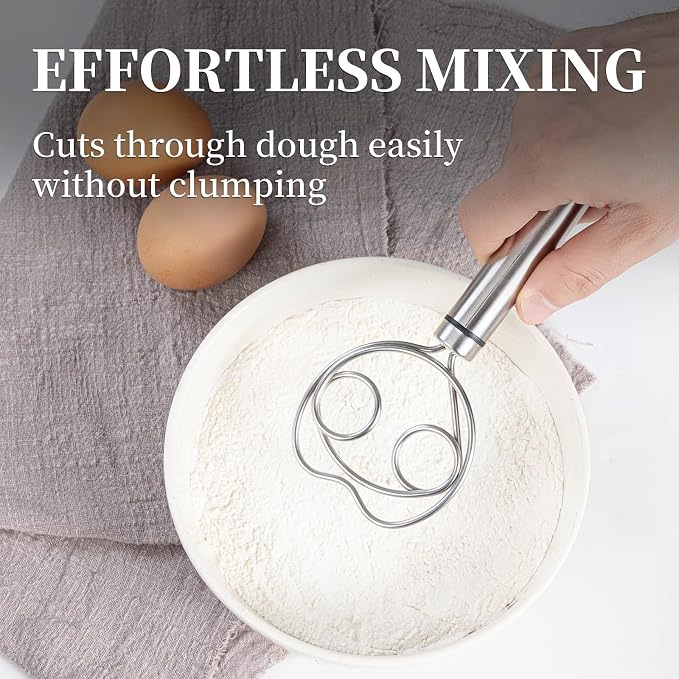 Premium Stainless Steel Danish Dough Whisk (8.5 Inch) - Dishwasher Safe Sourdough Bread Mixer & Batter Blender for Pizza, Pastry Baking