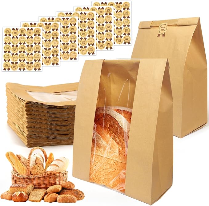 130 Pack Large Bread Bags for Homemade Sourdough Bread - Kraft Paper Storage Bakery Bags with Clear Window Bonus 150 Seal Stickers for Sourdough Sandwich (13.7x8.2x3.5 Inches, Brown)