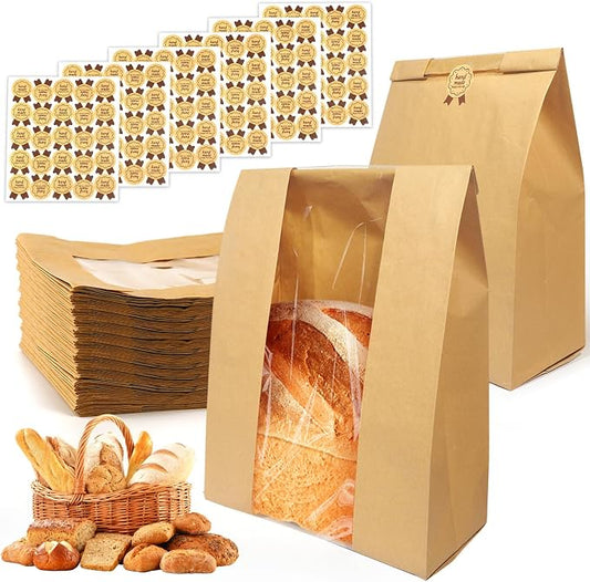 130 Pack Large Bread Bags for Homemade Sourdough Bread - Kraft Paper Storage Bakery Bags with Clear Window Bonus 150 Seal Stickers for Sourdough Sandwich (13.7x8.2x3.5 Inches, Brown)