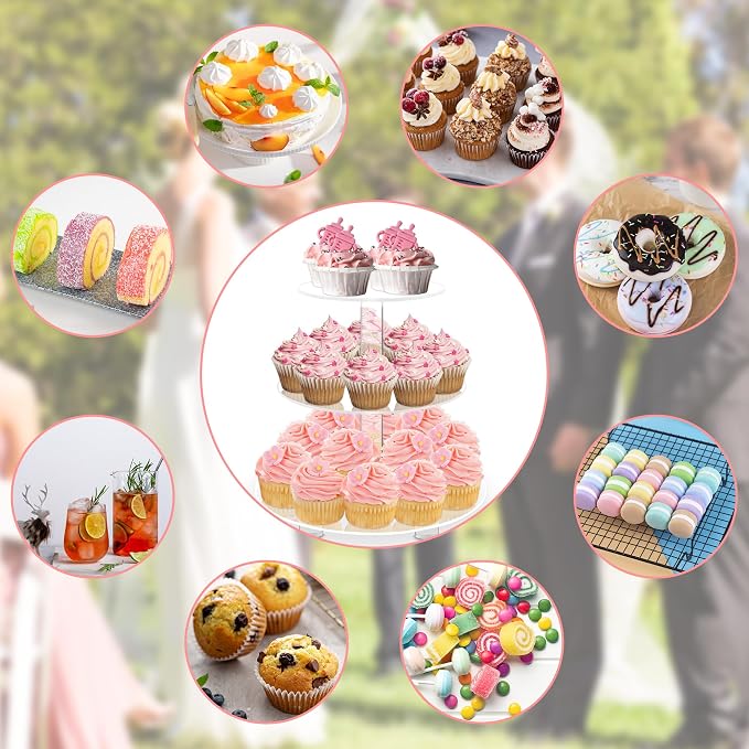 YestBuy 3 Tier Round Cupcake Stand with Base, Acrylic Cake Stand, Cupcake Tower Stand, Premium Cupcake Holder for 23 Cupcakes, Display for Pastry Wedding Birthday Party (4" Between 2 Layers)