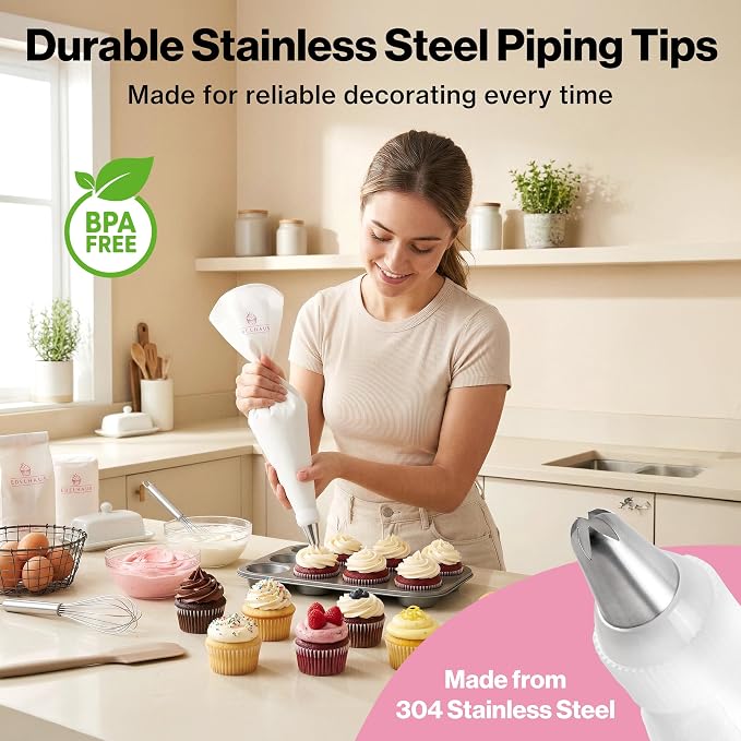 EDELHAUS Piping Bags and Tips Set – Reusable Piping Bags with 12 Piping Tips, Pastry Bags and Tips, Frosting Piping Kit, Cake Decorating Tools, Icing Bags Set with Flower Piping Tips & Couplers