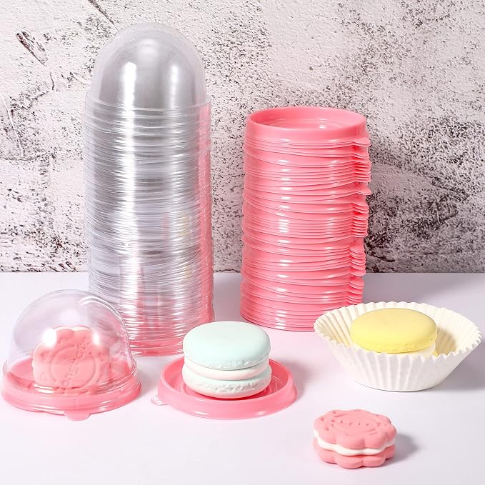 Patelai 50 Pcs Clear Plastic Mini Cupcake Container, Mini Cupcake Box Muffin Dome Muffin Single Container Box for Wedding Birthday Cheese Pastry Dessert Cake (Pink)