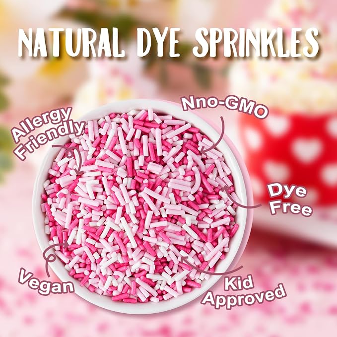 Valentines Day Dye Free Sprinkles Pink and White Jimmies No Artificial Dyes Natural Jimmies Sprinkles for Valentine's Day Cake Decorations Baby Shower, Cookies, Fondant Cake, Dessert Toppings, 4.2oz