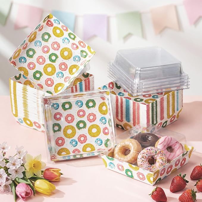 Potchen 50 Pack Bakery Boxes with Clear Lids, Disposable Charcuterie Treat Boxes for Cookies, Donuts, Cupcakes, Candy and Mini Cakes, Party Favor for Wedding and Gift Giving(Donut)