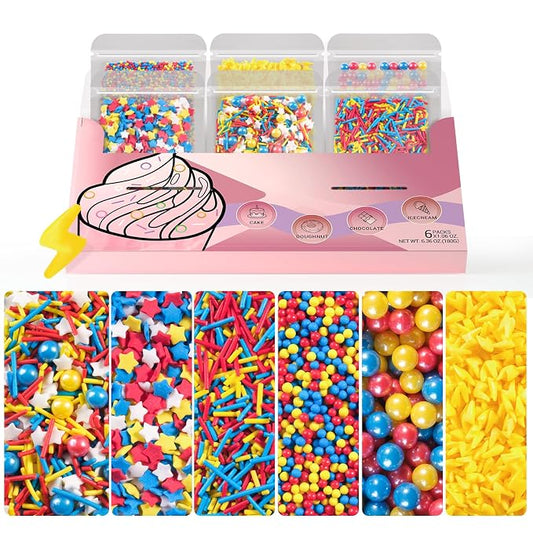 HUEBEATY 6-in-1 Cartoon Party Sprinkles for Cake Decorating – 180g Red Blue Yellow Cake Sprinkles with Flash Lightning Bolt Confetti, Jimmies, Nonpareils, Stars & Pearls – Edible Cakes, Cupcakes, Cookies & Ice Cream Topper Decorations (Primary)