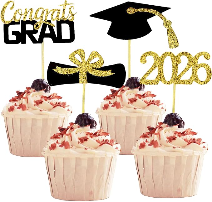 YuBoBo 2026 Graduation Cupcake Toppers, 48 PCS Food/Appetizer Picks For Graduation Party Mini Cake Decorations, Diploma, 2026, Grad Cap Set 48 Pieces (01 Gold)