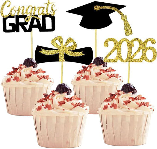 YuBoBo 2026 Graduation Cupcake Toppers, 48 PCS Food/Appetizer Picks For Graduation Party Mini Cake Decorations, Diploma, 2026, Grad Cap Set 48 Pieces (01 Gold)