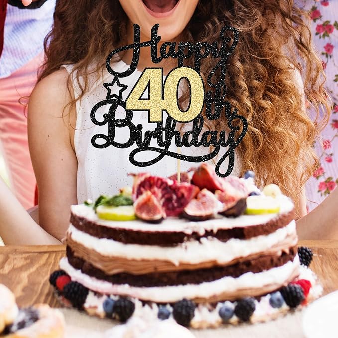 1Pc 40th Happy Birthday Cake Topper Glitter Cheers to 40 Years Birthday Cake Pick Decoration for 40th Wedding Party Decoration Supplies Black Gold