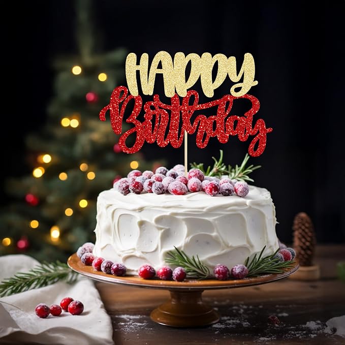 Gyufise 1Pcs Happy Birthday Cake Topper Glitter Happy Birthday Cake Pick for Christmas Theme Wedding Anniversary Theme Party Cake Decorations Supplies Gold Red