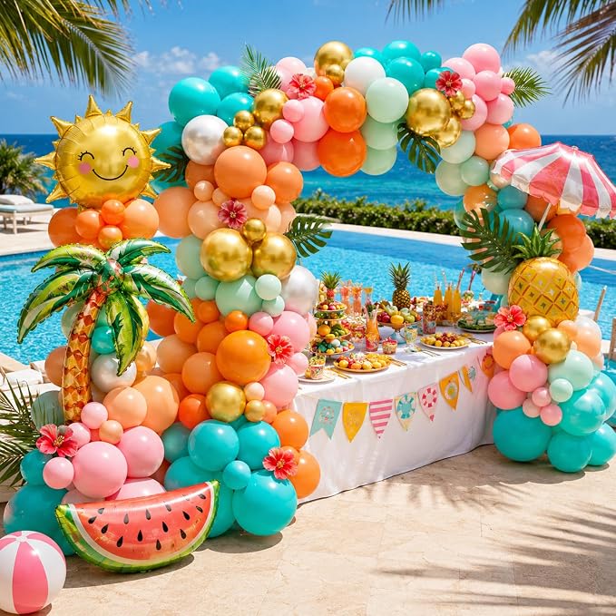 Tropical Balloon Arch Kit, 149 PCS Hawaiian Luau Balloons Garland Pink Teal Orange Coral Metallic Gold Latex Balloons for Flamingo Summer Aloha Beach Pool Baby Shower Birthday Party Decorations