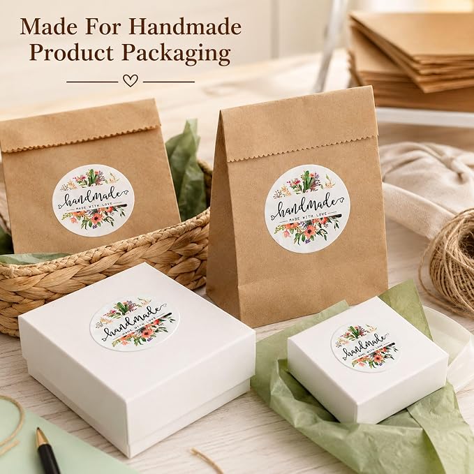 Handmade with Love Packaging Stickers: Made with Love Labels for Makers | 120pcs 1.6 Inch Paper Stickers For Handmade Product Packaging Kraft Bags Gift Boxes And Craft Orders