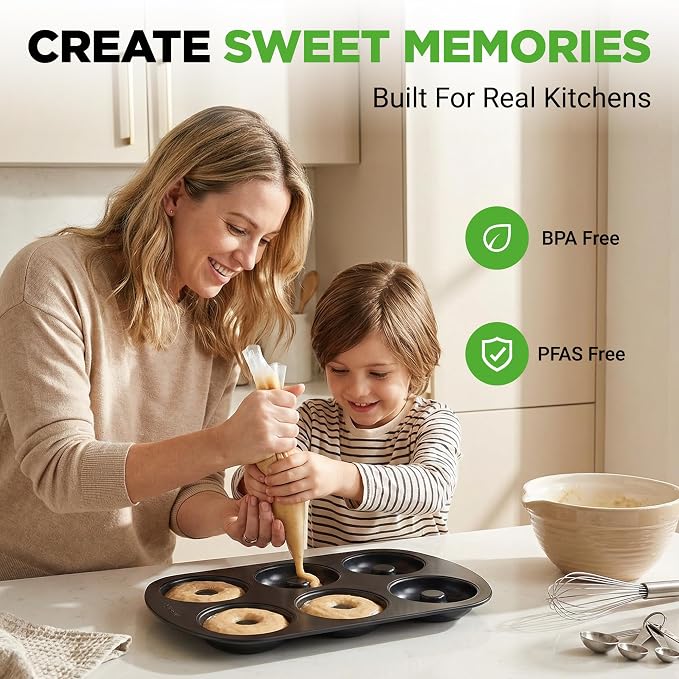 NutriChef Nonstick Donut Pans for Baking | 6 Durable & Easy to Clean Doughnut Molds | Fits Full-Sized Doughnuts | Oven Safe Up To 450F | Bake Perfect Donuts & Bagels | 12.5 x 8.5 Donut Trays | 4 Pack