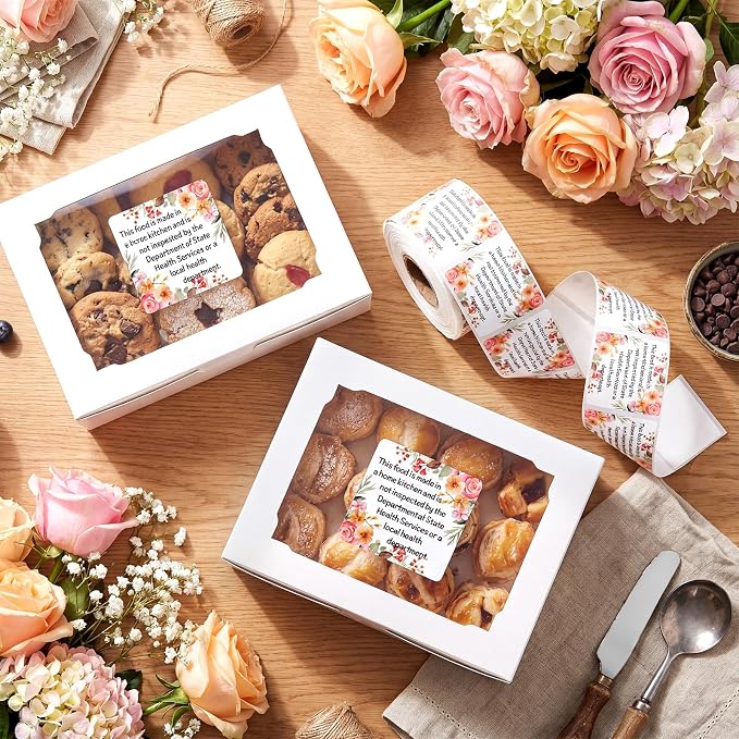 500 Count Cottage Food Law Labels Stickers Floral Printed Home Made Stickers 1.5” Square Thermal Printed Labels for Home Kitchen Bakery Bread Sourdough
