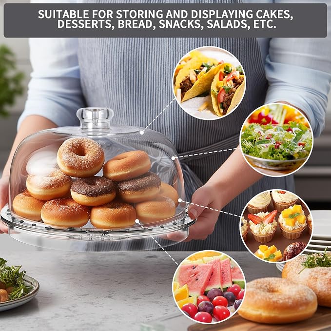 6-in-1 Multi-Functional Cake Stand with Dome Cover, BPA-Free Acrylic Serving Platter, Salad Bowl Divided Snack Tray, Shatterproof Dessert Display with Fork Spoon for Birthday Wedding Christmas Party