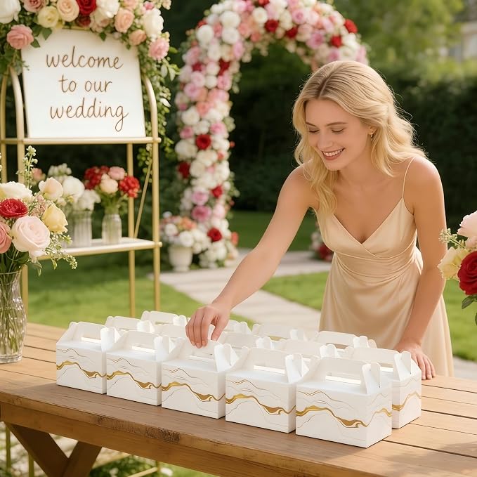 10 PCS Party Favor Treat Boxes, 6.5 x 4 x 4 Inches Gable Box with Handle, Goodie Boxes for Sweets, Candy, Cookie, Mother's Day, Wedding, Baby Shower, Graduation, Annivesary, White