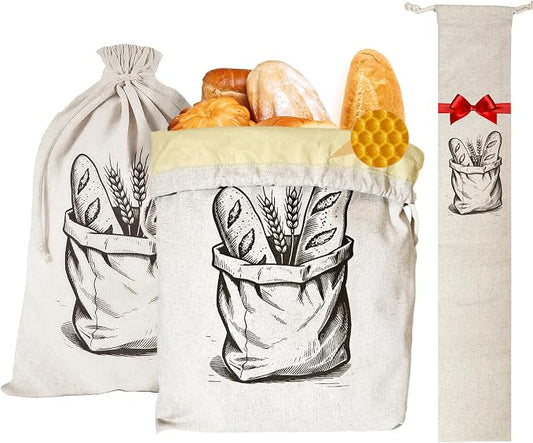 Reusable Bread Bags for Homemade Bread，Natural BeesWax & Linen Cotton，Large Capacity and Portable,Bread Keeper for Sourdough，Food/Bread Storage,with Free Baguette Bag