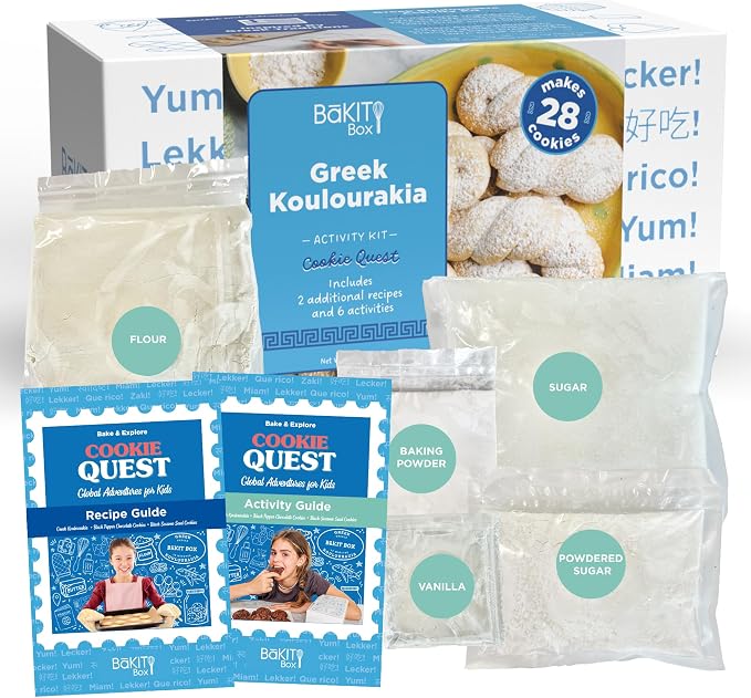 BāKIT Box Greek Koulourakia Cookie Kit, Kids Baking Gift with Printed Recipe & Activity Guide, Make Greek Twist Cookies + Learn Words & Symbols