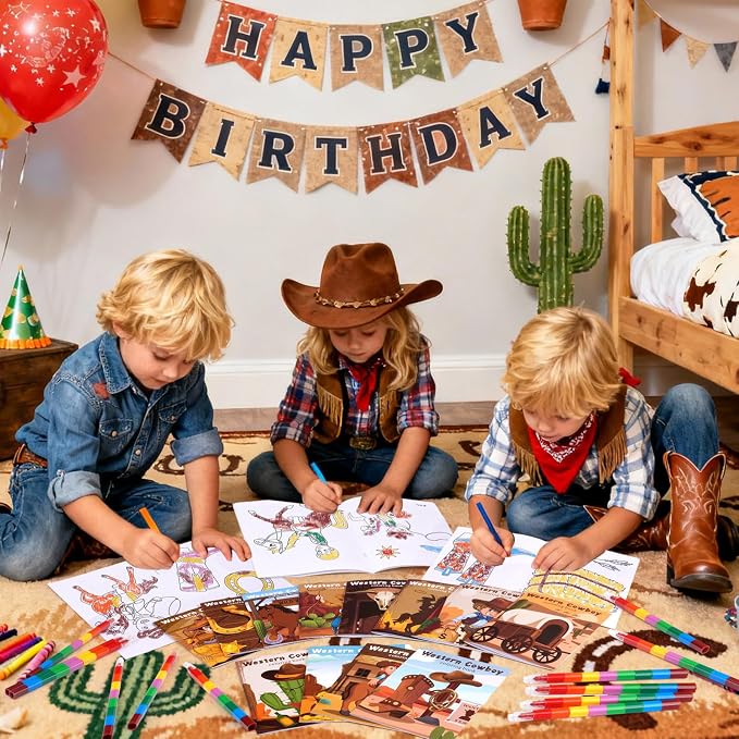 BenLouis 12 Western Cowboy Mini Coloring Books Kids with 12 Stacking Crayons Wild West Party Favors Small Activity Books Bulk for Kids Yee Haw Rodeo Party Horse Gift Goodie Bag Stuffers