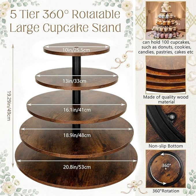 Funnymoom 5 Tier Large Round Cupcake Stand for 100 Cupcake Rustic Cupcakes Tower 360° Rotatable Wooden Cupcakes Holder Table Display Dessert Stand for Birthday Graduation Baby Shower Wedding 20.9''