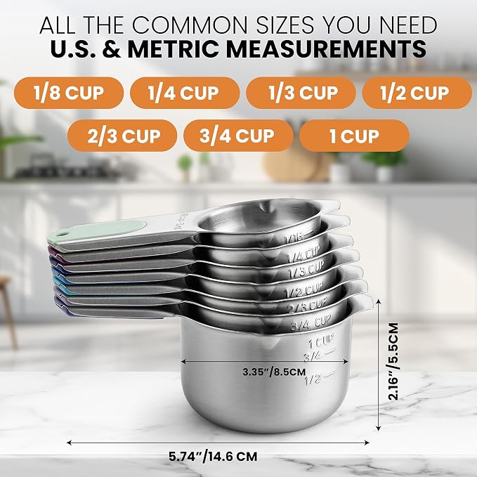 Spring Chef Stainless Steel Magnetic Measuring Cups, Set of 7 & Heavy Duty Magnetic Measuring Spoons, Set of 8 with Leveler - 2 Product Bundle - Winter Frost
