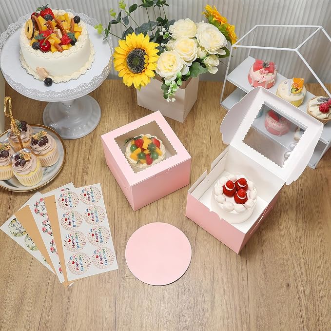 COTOPHER 50pcs 6x6x5 Inch Mini Cake Boxes, 6 Inches Small Bakery Box (25 Boxes & 25 Boards), Bento Cake Containers for Cookies, Cupcake, Desserts, Birthday, Party, Wedding, Valentine's Day