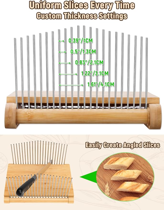 NiHome Bamboo Bread Slicer for Homemade Bread with Stainless Steel Guides, Adjustable Thickness for Toast & Sandwiches, Foldable Compact Sourdough Wood Cutting Board