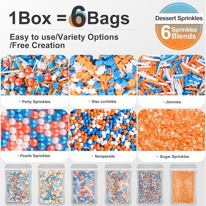 HUEBEATY 6-in-1 Carton Party Sprinkles for Cake Decorating – 180g Blue and Orange Birthday Sprinkles with Jimmies, Nonpareils, Stars, Pearls & Sugar Crystal – Edible Cakes, Cupcakes, Cookies & Ice Cream Topper Decorations for Birthday Parties