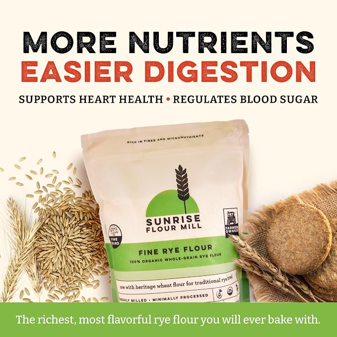 Sunrise Flour Mill Organic Fine Rye Flour | 2 LB | Rye Flour Organic | Whole Grain Bread Flour for Sourdough | No Artificial Ingredients | Non-Aluminum Baking Powder