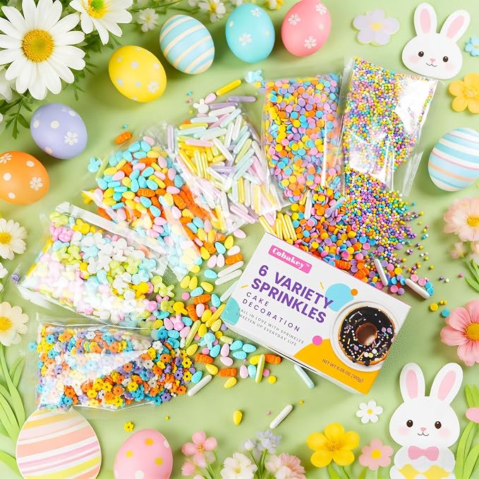Easter Sprinkles Mix - 6.35oz Pastel Nonpareils Carrot Egg Bunny Sprinkles, Spring Sprinkles Confetti Sugar Rods, Rainbow Flowers for Cake Decorating, Cookies Baking Cake Ice Cream Cupcakes Topping