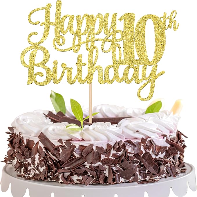 1 PCS Happy 10th Birthday Cake Topper Gold Glitter Cheers to 10 Years Birthday Cake Pick 10 Fabulous Double Digits Cake Decoration for Happy 10th Birthday Theme Party Decorations Supplies