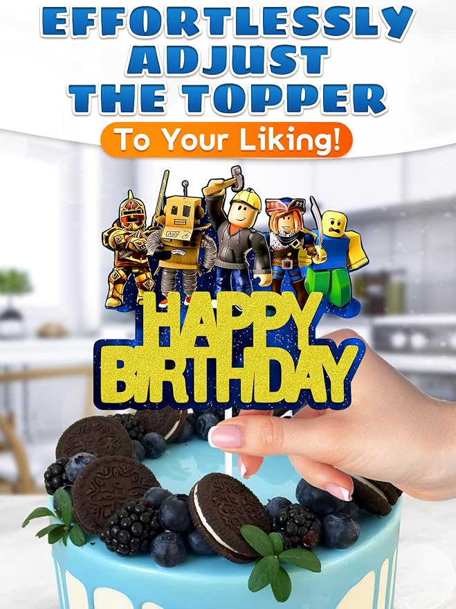 Easy Adjusting Gamer Cake Topper with Eye-Catching Design - 5.1"x5.9" Video Game Cake Topper Happy Birthday, Made from Cardboard with Sturdy Plastic Stick - Boy & Girl Gamer Birthday Party Decorations