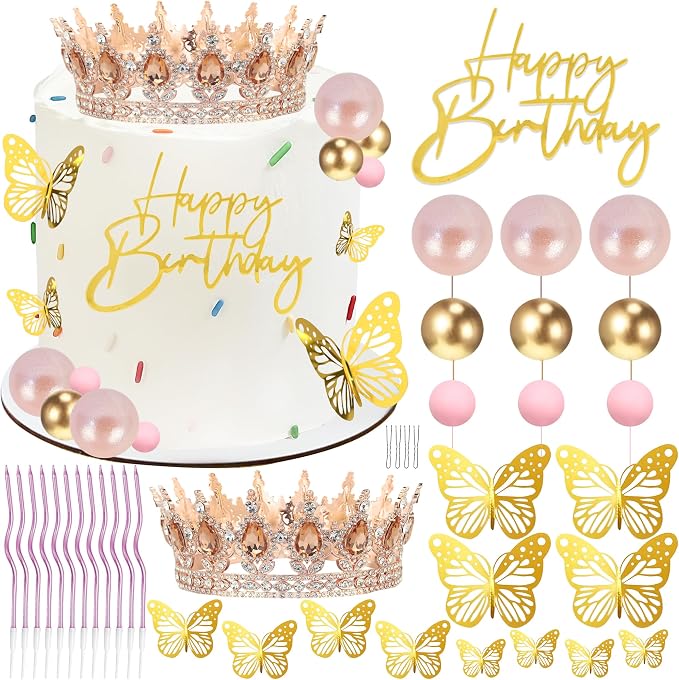 Crown Cake Topper, Amber & Rose Gold Crown Balls Happy Birthday Cake Toppers Candles Butterfly, Corona Para Pastel, Crown Cake Decorations for Women Queen Princess (Rose Gold, Peach)