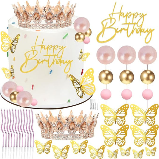 Crown Cake Topper, Amber & Rose Gold Crown Balls Happy Birthday Cake Toppers Candles Butterfly, Corona Para Pastel, Crown Cake Decorations for Women Queen Princess (Rose Gold, Peach)