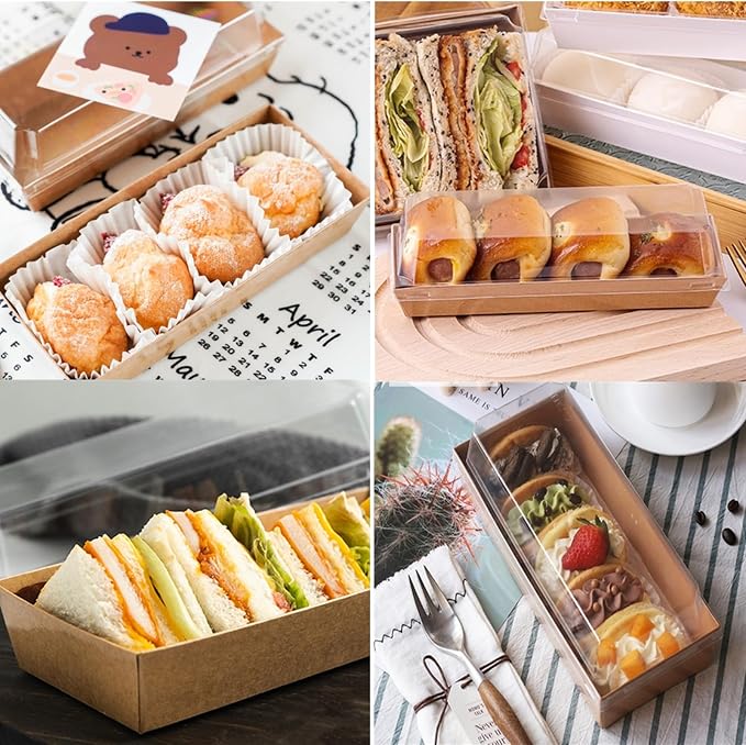 100 Pack Disposable Sandwich Boxes, Paper Charcuterie Boxes with Clear Lids, Swiss Roll Cake Container,To Go Dessert Boxes for Sushi, Muffins, Treat, Waffle, Cookie, Food Truck Business