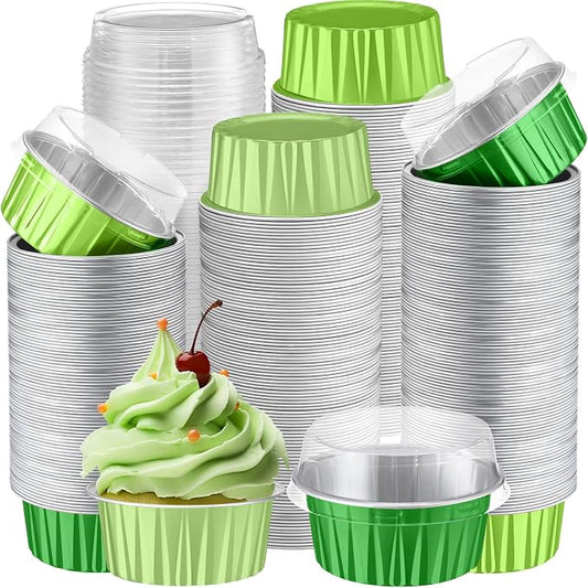 Gejoy 400 Pcs Aluminum Foil Baking Cups with Lids 5 oz Disposable Ramekins Mini Cake Pans Creme Brulee Cupcake Liners Muffin Dessert Container for Wedding Birthday Party (Classic,Mixed Green)
