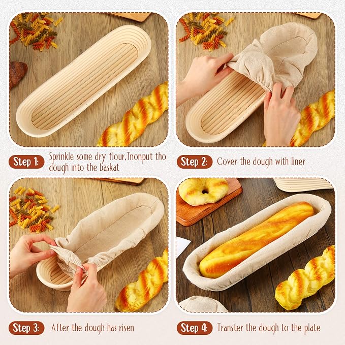 4 Pieces 13.8 Inch Banneton Bread Proofing Basket Oval Long Bread Proofing Basket Banneton Basket Dough Proofing Basket with Liners and Scatters for Home Sourdough Bread Baking