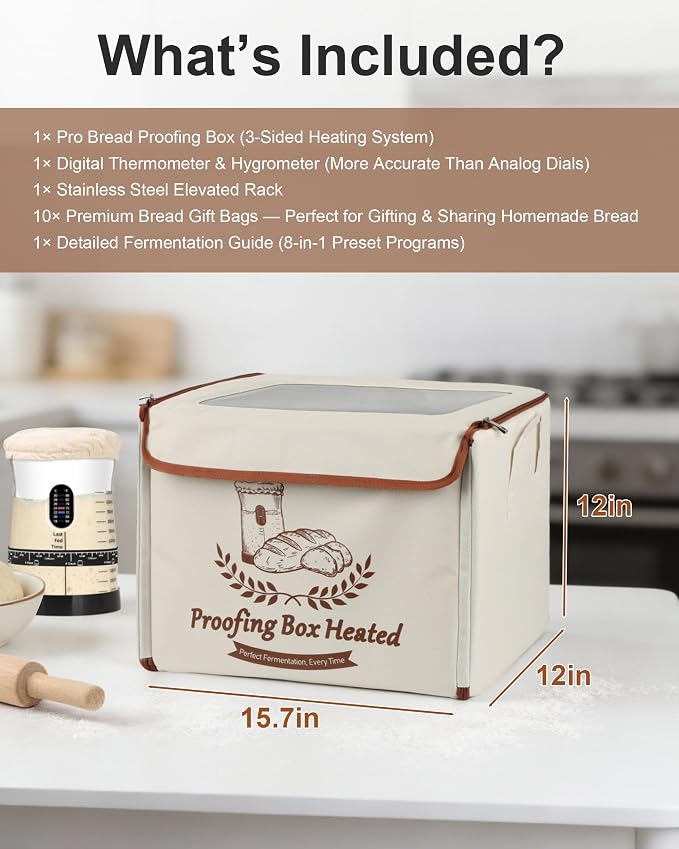 COCO BIRD Folding Bread Proofing Box with Window & Hygrometer, 55–133°F Precise Temp Control, 48H Timer, 5-Layer Insulation, Multi-Side Heating, Steel Rack & Bread Bags, for Sourdough, Yogurt & Pizza