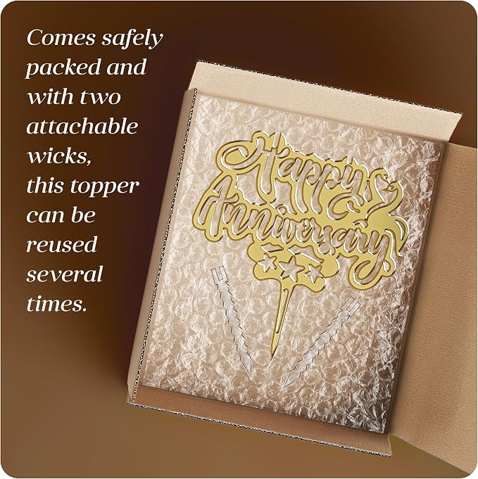 Happy Anniversary Cake Topper Candle, Gold Acrylic Anniversary Cake Decoration, 2 Wick Celebration Cake Topper