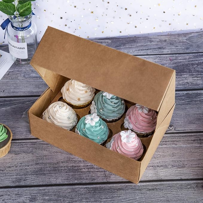ONE MORE Cupcake Boxes with Inserts 6 Holders,9.5x6.3x3inch Large Brown Kraft Standard Bakery Boxes with Window Food Grade Cake Carrier Container for Muffins Gift Treat Box Bulk,Pack of 15