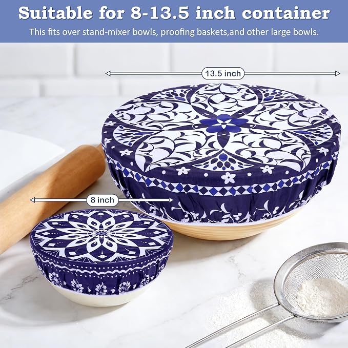2 Large Reusable Beeswax Bowl Covers for Bread Proofing, 10/12 Inch Elastic Beeswax Wraps Cotton Cloth Sourdough Bowl Covers for Proofing Baskets, Mixer Bowls, Food Storage Containers
