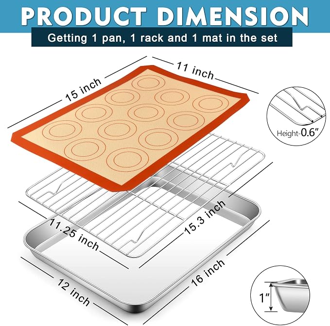 P&P CHEF 16 Inch Baking Oven Sheet Pan with Rack & Mat for Cookie, Stainless Steel Oven Sheet Tray Cooling Rack and Silicone Mat for Baking & Roasting, Dishwasher Safe & Healthy, 3Pcs