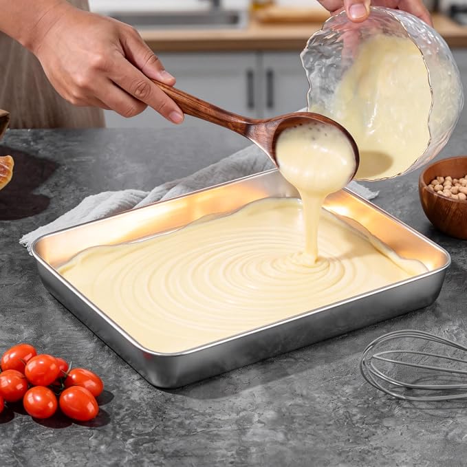 LIANYU 2 Pack Stainless Steel Baking Pan with Lid, 12⅓ x 9¾ x 2 Inch Rectangle Sheet Cake Pan, Lasagna Brownie Bakeware Set with Cover, Non-Toxic & Dishwasher Safe (2 Pans + 2 Lids)