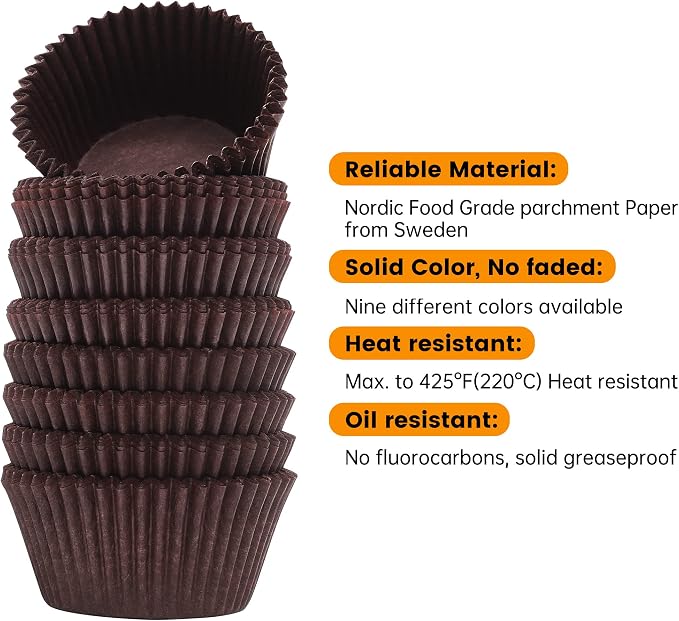 Bake Choice 200pcs Standard Brown cupcake liners for baking,food-grade cupcake wrappers, grease-proof parchment muffin liners for Christmas decorations