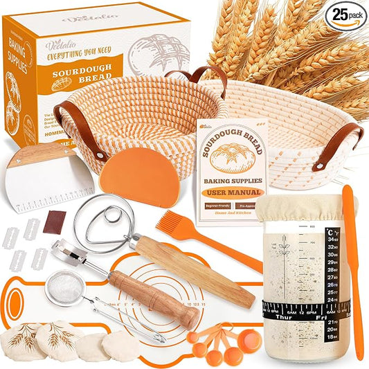 Sourdough Starter Kit, Sourdough Bread Baking Supplies, Sour Dough Starter Kits, Woven Bread Proofing Basket, Sourdough Kit Jar Sour Dough Bread Making Tools Kit Accessories, Gifts for Women Mom Wife