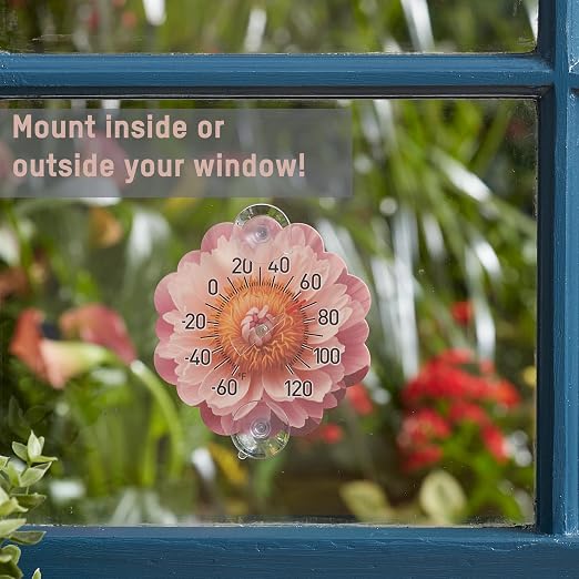 Taylor Peony Dial Thermometer, 4-Inch Indoor Outdoor Silicone Suction Cup Thermometer, Weather-Resistant Temperature Gauge for Patio, Pool, Garden, or Garage, Pink