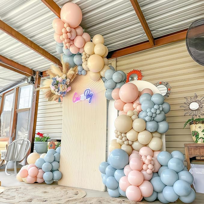 Gender Reveal Balloon Arch Kit 115Pcs Dusty Pink and Blue Balloon Garland Boho Retro Blush Peach Cream Ivory Sand White Birthday Party Balloons for Boy or Girl Baby Shower Bridal Bear Decorations