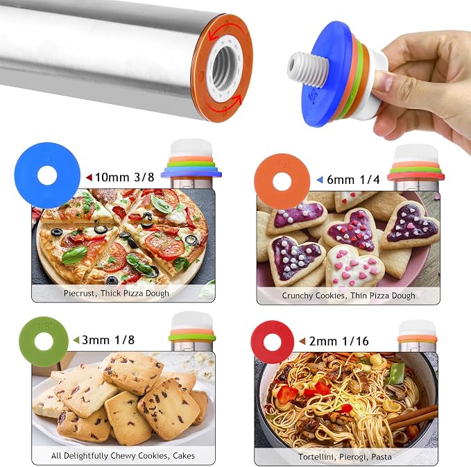 Adjustable Rolling Pin 19 Set and Silicone Baking Pastry Mat Set,Thickness Rings,Dough Roller & Steel Cutter& 6 Cookie Molds & Cake Molds for Baking Dough Stainless Steel Dough Roller, Pizza, Pie