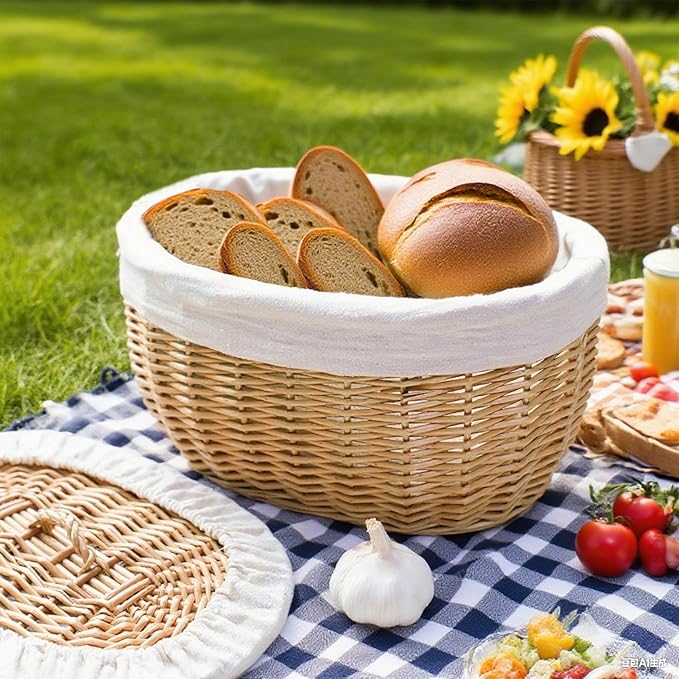 Wicker Bread Basket Serving with Lid & Removable Lining, Sourdough Proofing Basket,Eco-friendly Bread Storage basket Ideal for Picnics & Dining (Oval)
